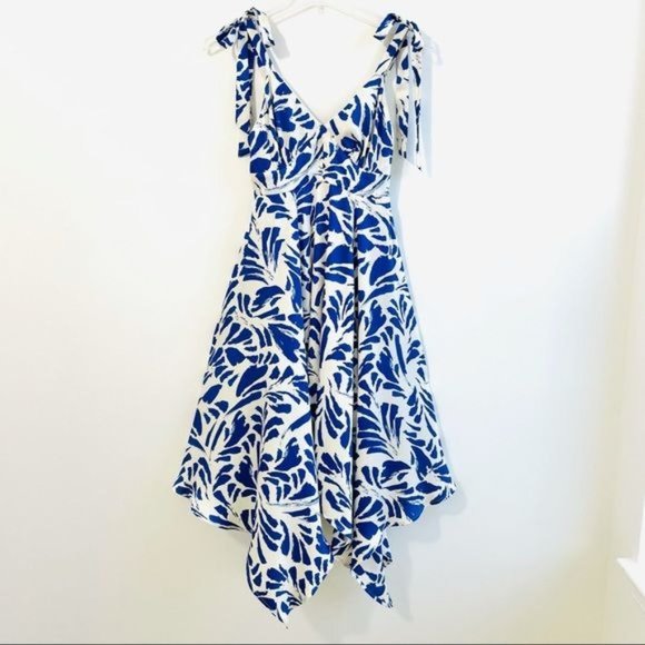 Alexis Womans Dress Small Blue Satin Floral Print Asymmetrical Hem Swing New - Picture 3 of 17